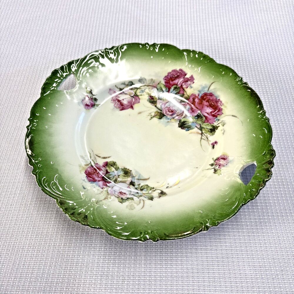 Antique Roses Pink Gold Gilt Ornate Scalloped Embossed Green Serving Dish 1800s
